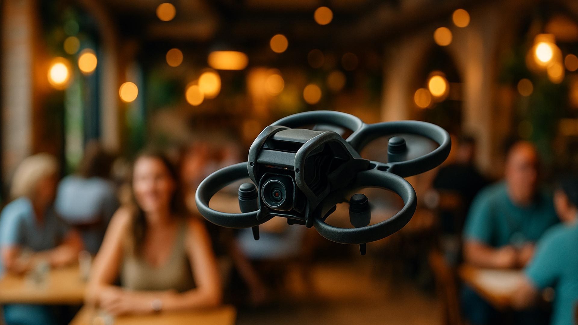 FPV drone flying inside a restaurant capturing dynamic interior video with guests dining