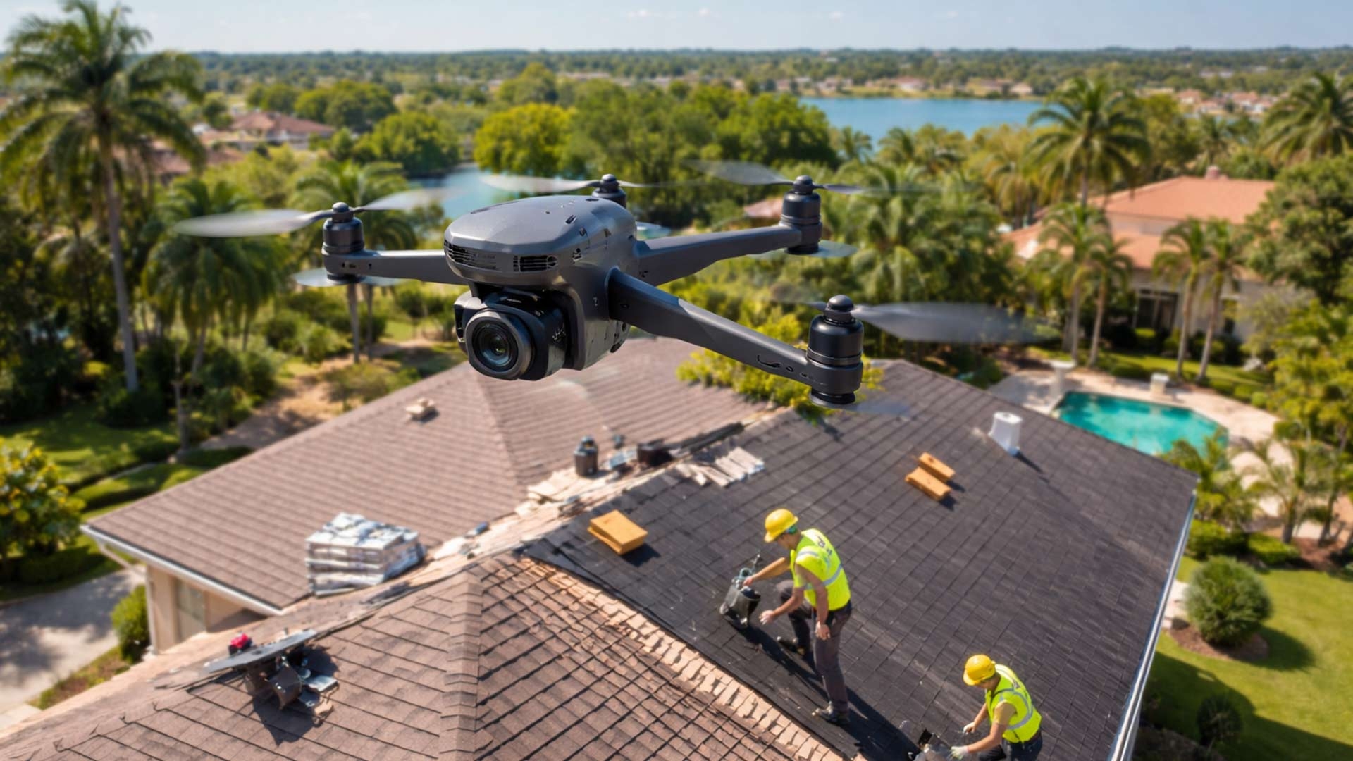 Drone flying over a residential roof capturing aerial video for roofing inspection and social media marketing in South Florida