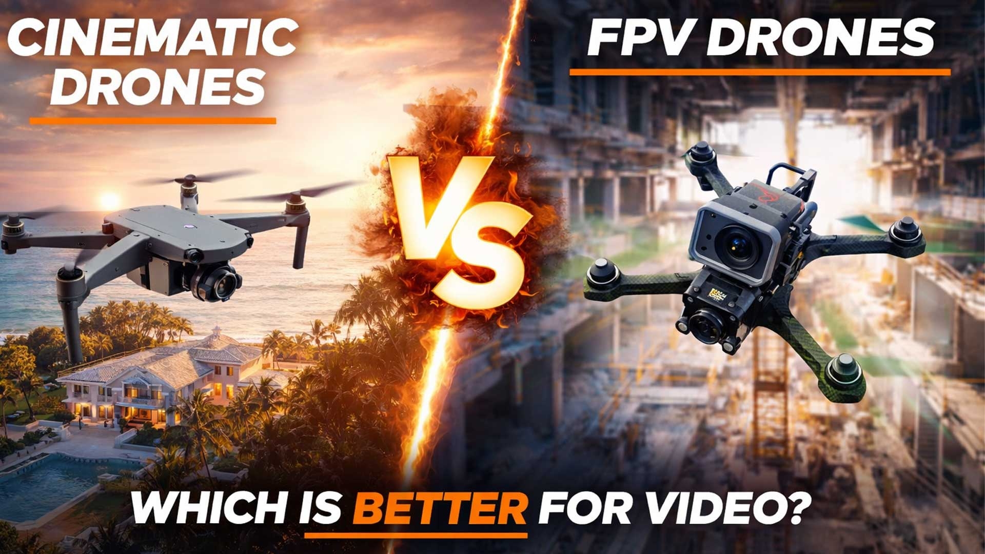 FPV drone vs cinematic drone comparison showing real estate aerial footage and construction flythrough for video marketing
